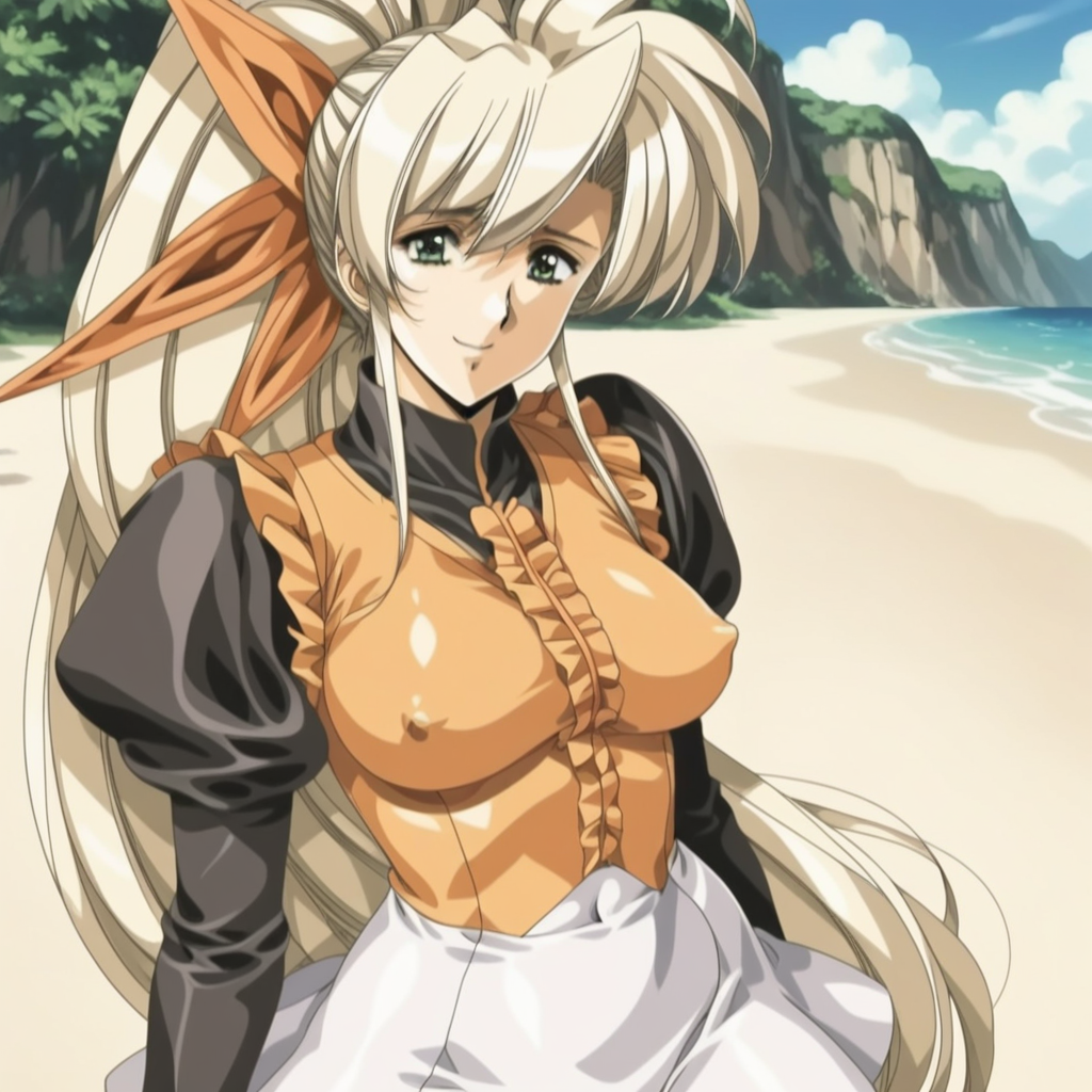 fr0nt1nn0c3ntStyl3, Style: Front Innocent, Artist Style: Urushihara Satoshi, 1girl, masterpiece, highres, high quality, fantasy, score_9, score_8_up, score_7_up, score_6, source_anime, rating_lewd, cowboy shot, mature female, Faye_(Front_Innocent), BREAK, beach, (covered nipples), seductive smile, smile BREAK, , BREAK, Faye, blonde hair,very long hair,high ponytail,very long sidelocks,hair bow,green eyes, dress,black shirt,orange vest,long_sleeves, white skirt,frills, black pantyhose, short boots,