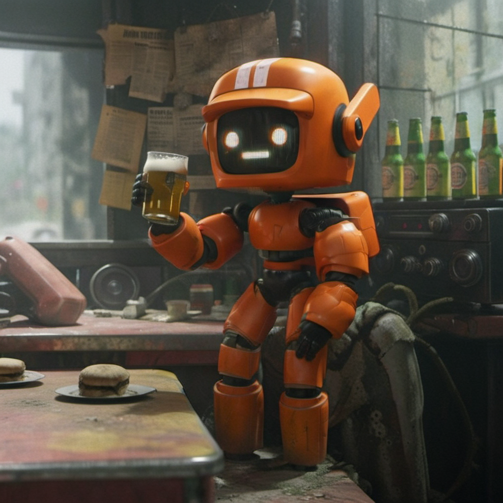 an orange robot, drinking beer in a postapocalyptic pub,  highly detailed,  photography, ultra sharp, film, professional, 64k  <lora:add-detail-xl:1.5> <lora:Orange Robot1024:0.8>