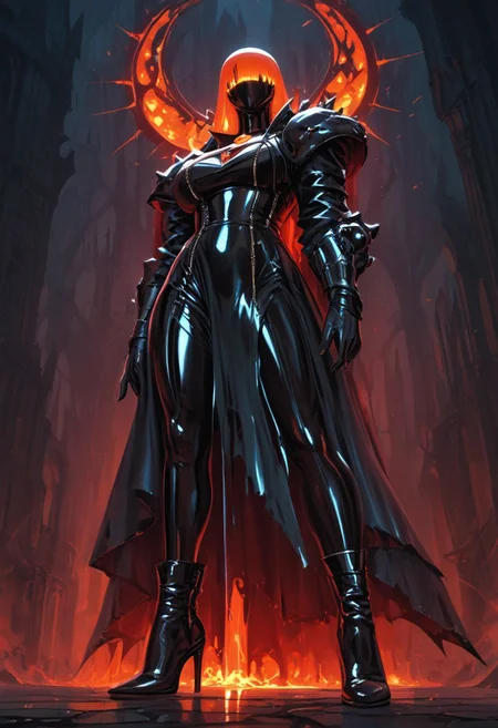 Expressiveh,
Score_9, score_8_up, score_7_up, score_6_up, semi realistic, masterpiece, Tall faceless woman wearing faceless black opaque ovoid blackout hole balaclava glowing red, faceless black leather zentai suit, long black gloves, stiletto heel boots, standing by her motorcycle at the gate of a haunted castle at night
