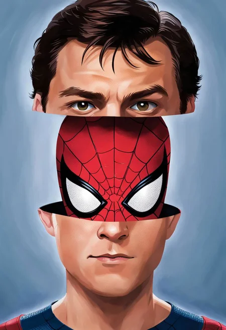 split, spider-man head inside Tobey McGuire head.