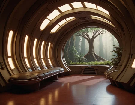 frelling, frelling interior, interior spaceship hallway with an interior window showing an atrium with a tree, scenery, science fiction, warm lighting, a welcoming and friendly atmosphere, <lora:Frelling_Interior:1.0>