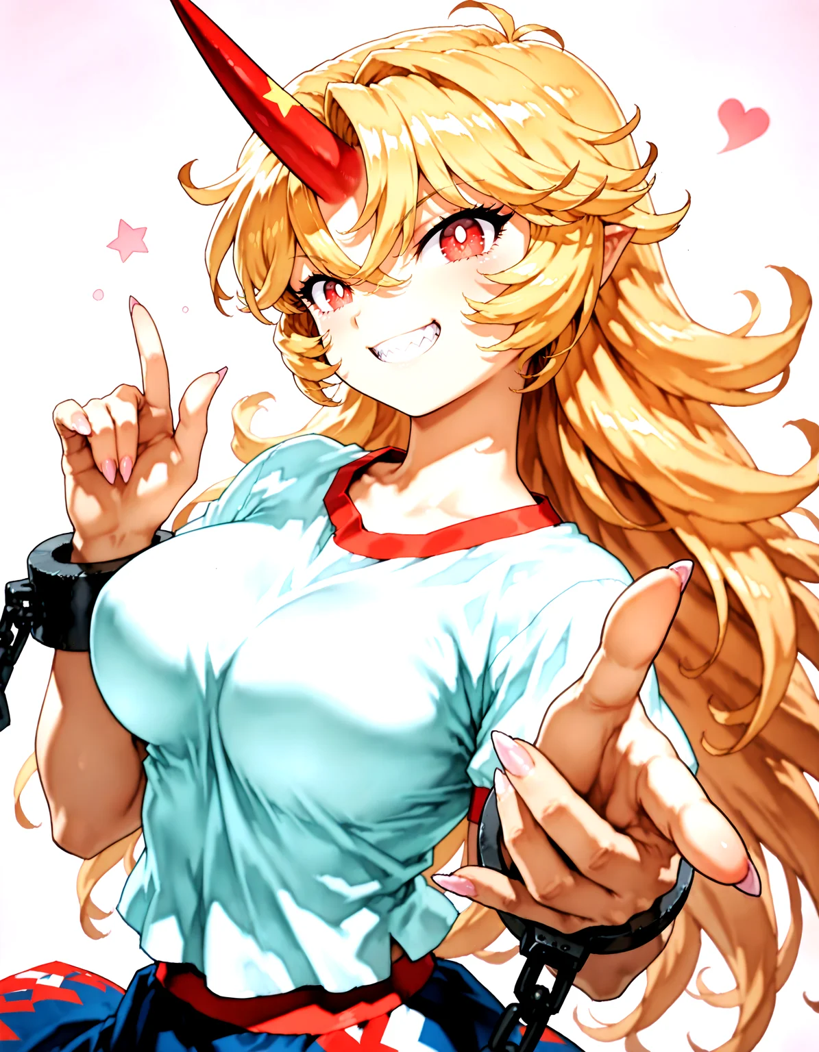 munakata_(sekimizu_kazuki):1.2,mogudan:0.7, hamada_yoshikazu:0.8 ,toriyama_akira_(style):1.1 ,touhou ,hoshiguma_yuugi , highres ,1girl ,black_skirt, blonde_hair, breasts ,bright_pupils ,cuffs ,horns, long_hair ,looking_at_viewer, medium_breasts, open_mouth, red_eyes ,red_horns, shackles ,sharp_teeth ,shirt, short_sleeves ,simple_background ,single_horn ,skirt solo, star_(symbol), teeth, upper_body ,white_shirt, messy_hair , ^_^ ,fingernails ,grin ,hands,oni ,smile, solo,sharp_teeth,sharp_fingernails , <lora:touhou_146:0.5>,<lora:illustrious_noobai_epsilon_pred_1_best_quality_v1:0.7> ,<lora:illustrious_noobai_epsilon_pred_1_masterpieces_v1:0.7>, <lora:ponyv4_noob1_2_adamW:0.5>, <lora:add_details_xl:0.7>