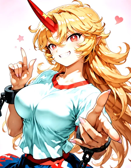 munakata_(sekimizu_kazuki):1.2,mogudan:0.7, hamada_yoshikazu:0.8 ,toriyama_akira_(style):1.1 ,touhou ,hoshiguma_yuugi , highres ,1girl ,black_skirt, blonde_hair, breasts ,bright_pupils ,cuffs ,horns, long_hair ,looking_at_viewer, medium_breasts, open_mouth, red_eyes ,red_horns, shackles ,sharp_teeth ,shirt, short_sleeves ,simple_background ,single_horn ,skirt solo, star_(symbol), teeth, upper_body ,white_shirt, messy_hair , ^_^ ,fingernails ,grin ,hands,oni ,smile, solo,sharp_teeth,sharp_fingernails , <lora:touhou_146:0.5>,<lora:illustrious_noobai_epsilon_pred_1_best_quality_v1:0.7> ,<lora:illustrious_noobai_epsilon_pred_1_masterpieces_v1:0.7>, <lora:ponyv4_noob1_2_adamW:0.5>, <lora:add_details_xl:0.7>