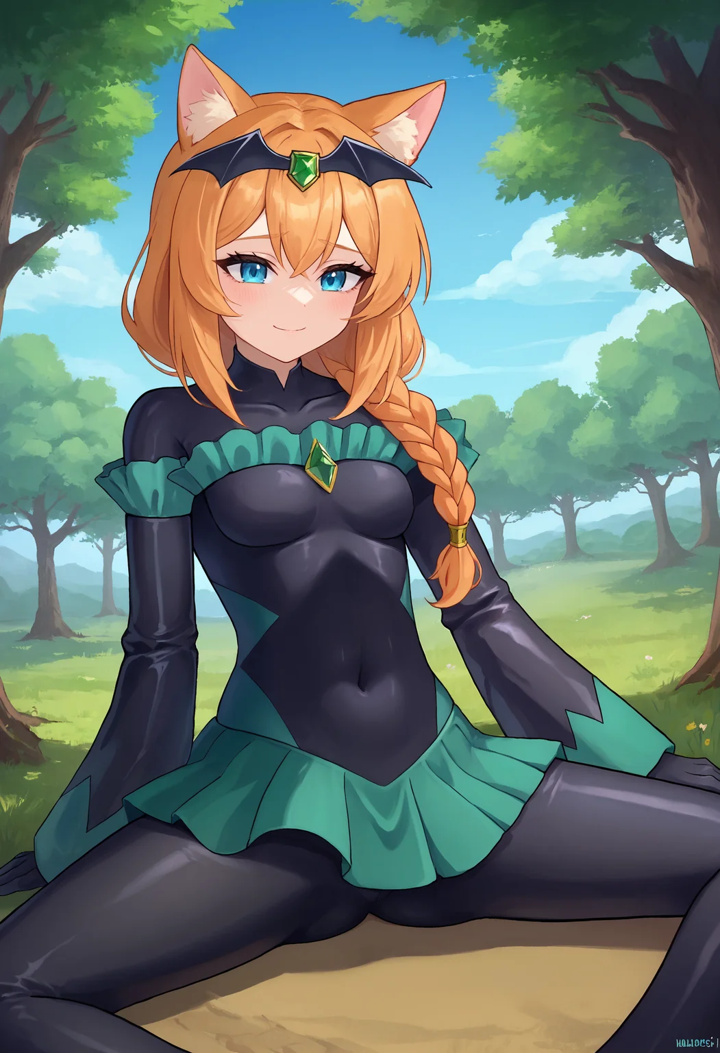 zPDXL, 1girl, solo, BREAK
mari iochi, long hair, blue eyes, animal ears, orange hair, single braid,
black badend-bodysuit, badend-tiara, green skirt, green frills, green gem, gloves,
wariza, w sitting, spread legs,
outdoors, tree, blue sky,
<lora:bad-end-ot14-1701:0.8> <lora:mari-iochi-ponyxl-lora-nochekaiser:0.5> <lora:Wariza__Concept_Lora:0.8>