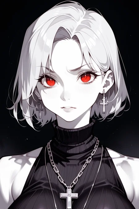 zPDXL, zPDXL2, zPDXL3, source_anime,  <lora:[Artstyle] SomethingWeird_Geekpower [PDXL]:1>
BREAK
1girl, skinny, curvy, toned, <lora:[Body] Oppai_psoft [PDXL]:0.4> breasts, large breasts, (huge breasts:1.5), narrow waist, wide hips, thick thighs, long legs, skindentation,
BREAK
portrait, headshot, monochrome, greyscale, red eyes, cross earrings, cross necklace, turtleneck sweater,