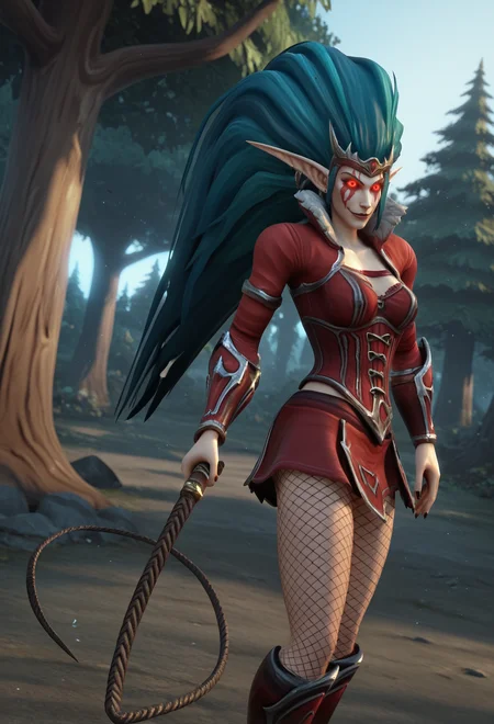 score_9,score_8_up,score_7_up, 1girl, solo, cowboy shot, dynamic angle,
ss-h5SM1ss, pointy ears, no sclera, red eyes, blank eyes, glowing eyes, red face tattoo, teal hair, very long hair, big hair, circlet, headwear, earrings, red sleeves, neck fur trim, fishnets, bracelets, corset, corset straps, red skirt, pelvic armor plate,
upper body, wind, ourdoors, evil smile, dynamic angle, dark forest, holding, whip,
<lora:HoMM_V_-_Shadow_WitchMatriarchMistress_3_elf_girls_-_Heroes_of_Might_and_Magic_5:0.7>,  <lora:Zentaeron_-_3D_Artist_style:0.8> ss-zent, 3d,
