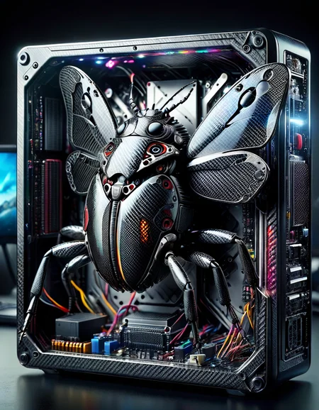 A bug made of electronic components, inside a computer case, eating computer components, with sparks and led lights., ultra hd, realistic, vivid colors, highly detailed, UHD drawing, pen and ink, perfect composition, beautiful detailed intricate insanely detailed octane render trending on artstation, 8k artistic photography, photorealistic concept art, soft natural volumetric cinematic perfect light, made of ral-carbonfiber <lora:ral-carbonfiber:1> ral-carbonfiber landscape