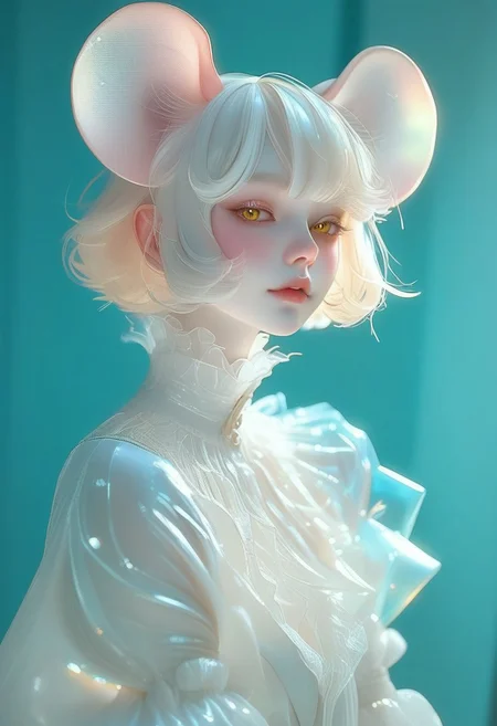 score_9, score_8_up, score_7_up, score_6_up, realistic, rating_safe,1girl, extremly pale skin,  masterpiece, best quality, newest, absurdres, highres, perfect quality, very aesthetic, 1girl, :o, soft blush, solo, cute face, thick eyelashes, short eyebrows, beautiful detailed eyes, colored pupils, black sclera, big yellow eyes, huge mouse ears, blonde hair, See through capelet, frilled bow, frilled hair tubes, ribbon trim, long skirt, looking at viewer frills, flat chest, hair bow, hair tubes, animal ears, mouse ears, mouse girl, multicolored hair, white hair, short hair, streaked hair, glow on the hair, upper body, white hair, puffy sleeves, looking at viewer, Expressiveh, dreamy, ctdrm, concept art, realistic