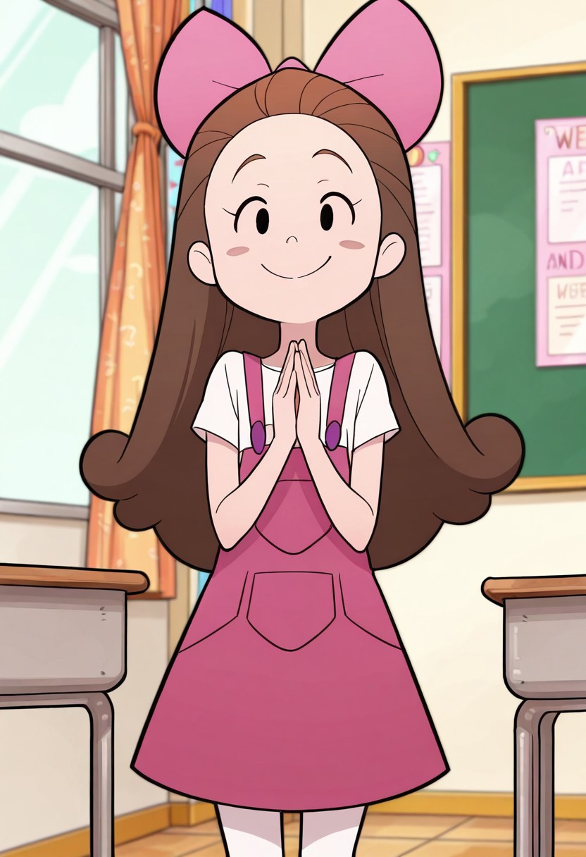 masterpiece, best quality, good quality, 1girl, solo, long hair, brown hair, pink hairbow, black eyes, blush stickers, pink overall dress, white shirt, short sleeves, white pantyhose, purple shoes, standing, hands together, looking at viewer, smile, indoors, classroom, front view, upper body,