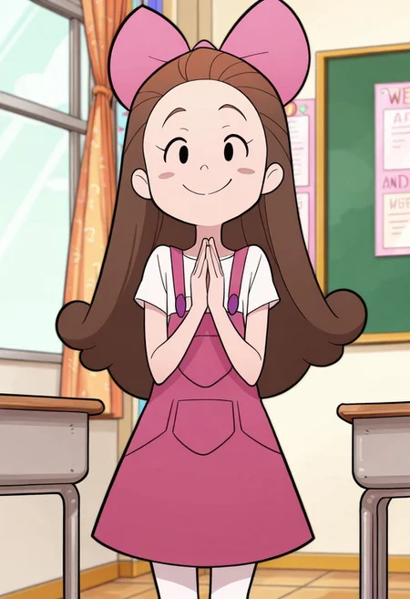 masterpiece, best quality, good quality, 1girl, solo, long hair, brown hair, pink hairbow, black eyes, blush stickers, pink overall dress, white shirt, short sleeves, white pantyhose, purple shoes, standing, hands together, looking at viewer, smile, indoors, classroom, front view, upper body,