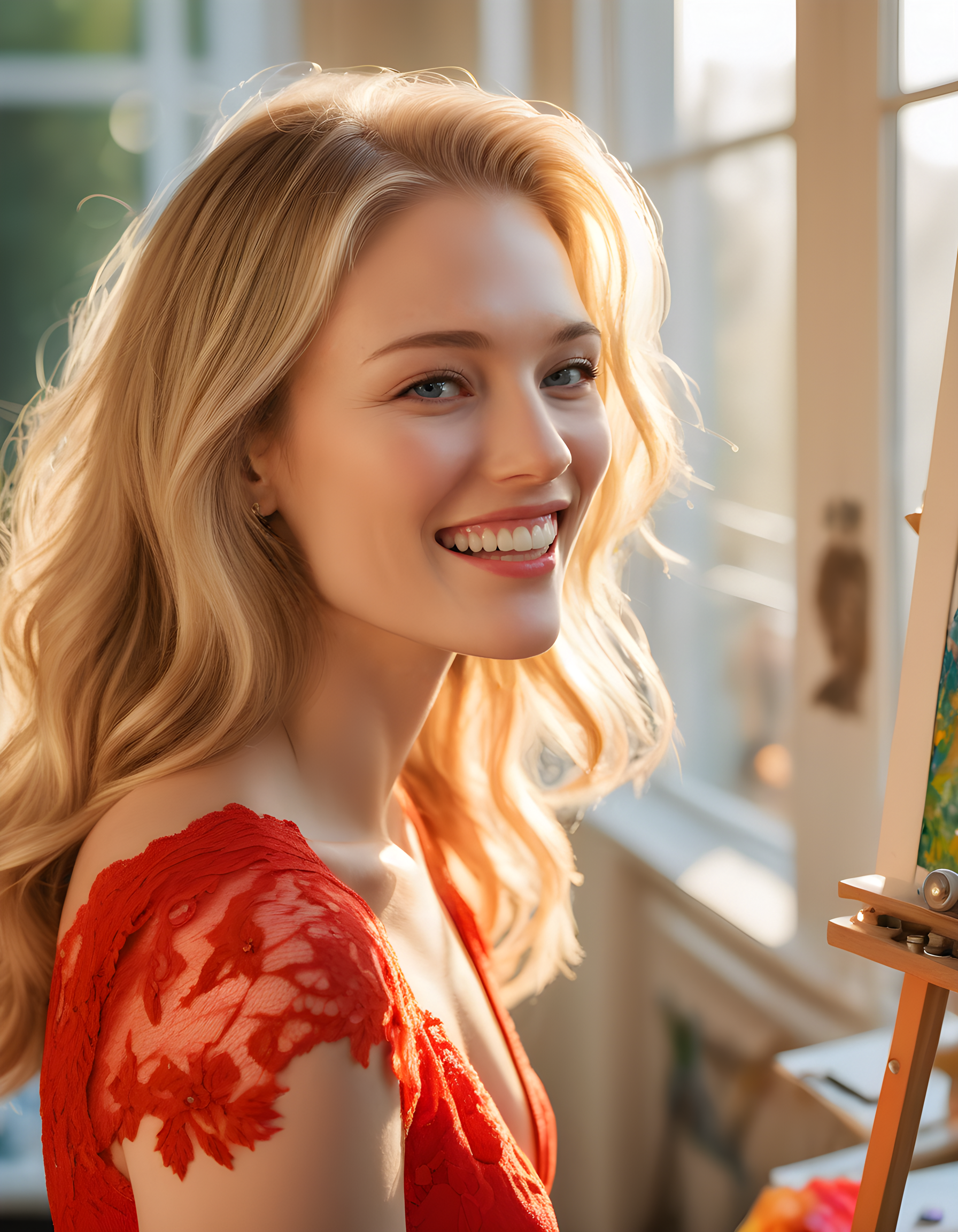 In a vibrant afternoon at an open-air art studio filled with colorful canvases and easels, a radiant woman named A5HL3YH, with striking blonde hair and a captivating smile that reveals perfectly white teeth, poses in profile. Her bright red dress, adorned with intricate lace details, complements her rosy cheeks and glossy lips as she grins broadly at the camera, her gaze filled with undeniable joy and confidence, bathed in soft golden sunlight streaming through a nearby open window, creating a warm, inviting ambiance.