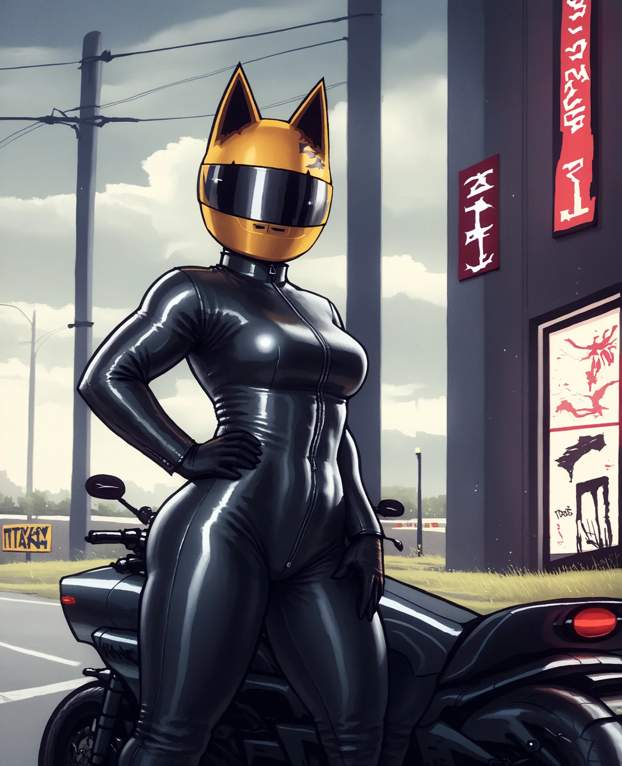 score_9, score_8_up, score_7_up, score_6_up, score_5_up, score_4_up, source_anime, meb, celty, 1girl, female, standing, helmet, bodysuit, black bodysuit, motorcycle helmet, biker clothes, animal ears, bikesuit, leather, detailed background, outside, night, darkness, tlv
<lora:celty_pdxl:1>