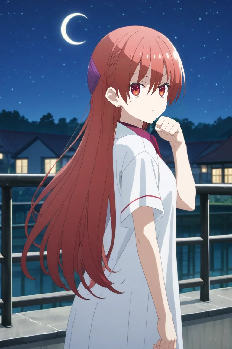 score_9, score_8_up, score_7_up, source_anime, rating_safe, , anime screencap, , , looking at viewer, depth of field, 1girl, solo, <lora:tsukasa_yuzaki_pony:0.84>, tsukasa_yuzaki, red hair, red eyes, long hair, hair between eyes, bangs, full body, niagara falls, night, crescent moon, dynamic pose, tearing up, , <lora:sdxl_lightning_8step_lora:1>