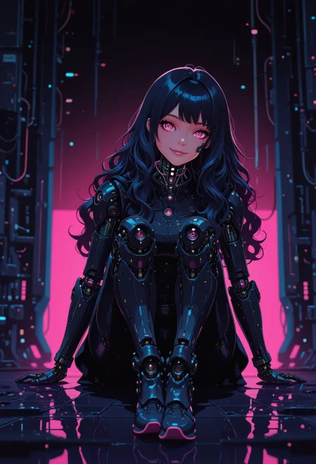<lora:ck-nc-cyberpunk-IL-000011:1>, masterpiece, best quality, good quality, very aesthetic, absurdres, newest, 8K, depth of field, focused subject, 1girl, full body portrait, long hair, wavy hair cascading around her face, smile, Subtle mechanical features are integrated into her face and neck, blending seamlessly with her natural beauty, sitting, chiaroscuro style, extreme contrast between light and shadow, creating a dramatic moody effect, futuristic glow. The contrast of neon pink and black enhances the surreal atmosphere, blending organic beauty with mechanical details for a striking cybernetic aesthetic, dynamic angle, in the style of cknc
<lora:MoriiMee_Gothic_Niji_Style_Illustrious_r1:0.4>