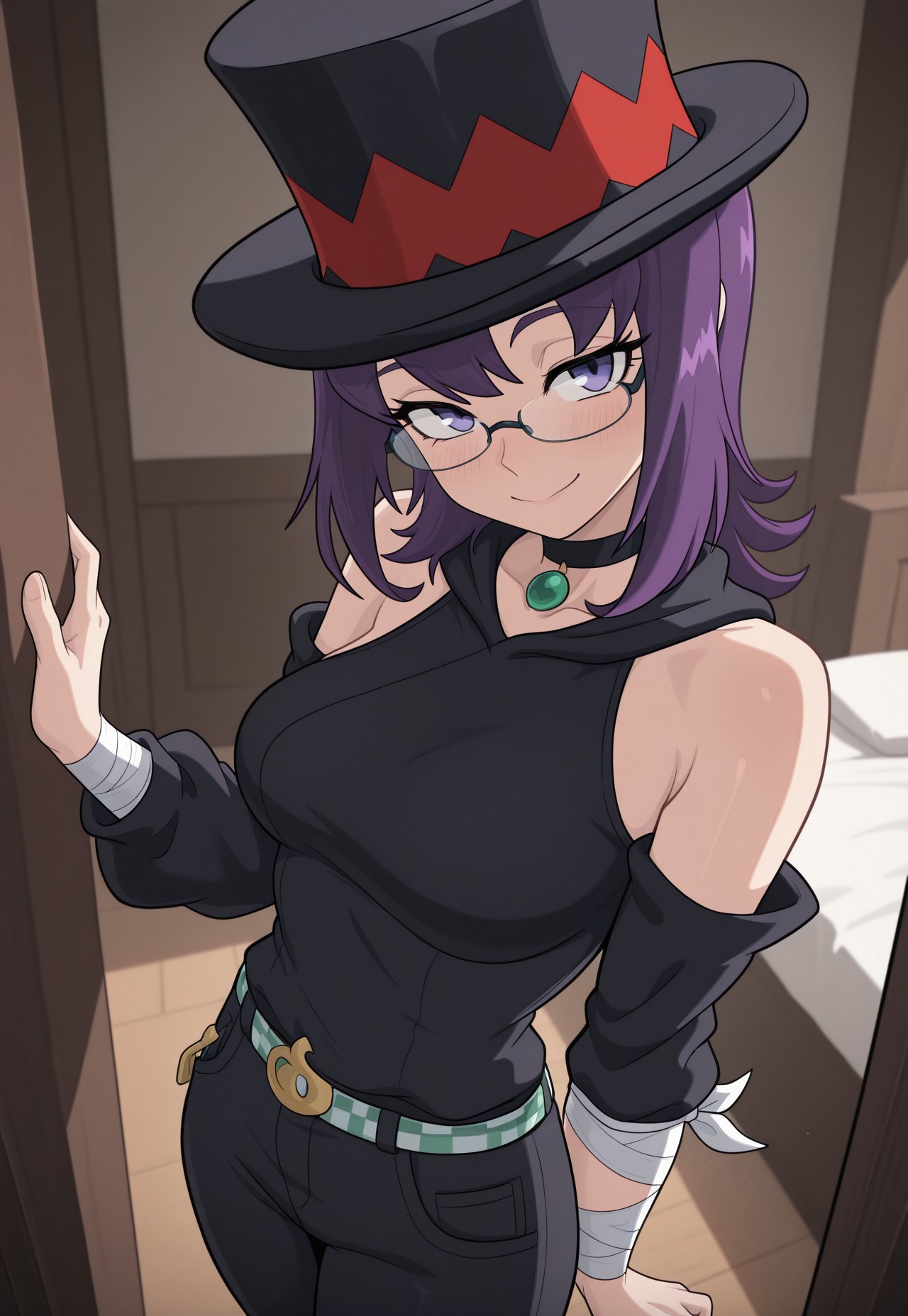 masterpiece,best quality,amazing quality,, score_9, score_8_up, score_7_up, Jade-Utopus, purple eyes, purple hair, medium hair, glasses, top hat, black clothes, bandage on one arm, black pants, belt, detached sleeves, black choker with green gem, solo, alone, bedroom, standing, smile, blush, looking at viewer,