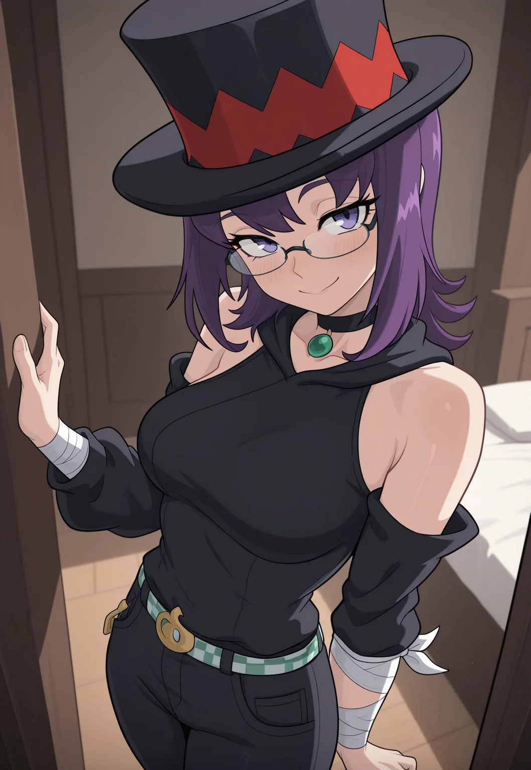 masterpiece,best quality,amazing quality,, score_9, score_8_up, score_7_up, Jade-Utopus, purple eyes, purple hair, medium hair, glasses, top hat, black clothes, bandage on one arm, black pants, belt, detached sleeves, black choker with green gem, solo, alone, bedroom, standing, smile, blush, looking at viewer,