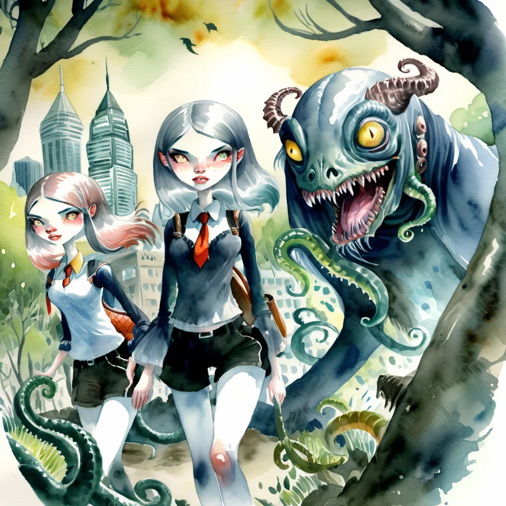 drawix3 demon girls in the city in the background of trees and a creature with tentacles, watercolor, very detailed <lora:drawix3:0.9>