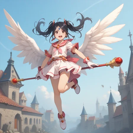 20yo, score_9,score_8_up,score_7_up,score_6_up, shiny oild skin,
Skuld, open mouth, gloves, twintails, jewelry, full body, :d, earrings, white gloves, magical girl, staff, castle night jumping dynamic poses On the roof upper body, gigantic angel wings,
<lora:Skuld:0.85> <lora:zy_Detailed_Backgrounds_v1:2>