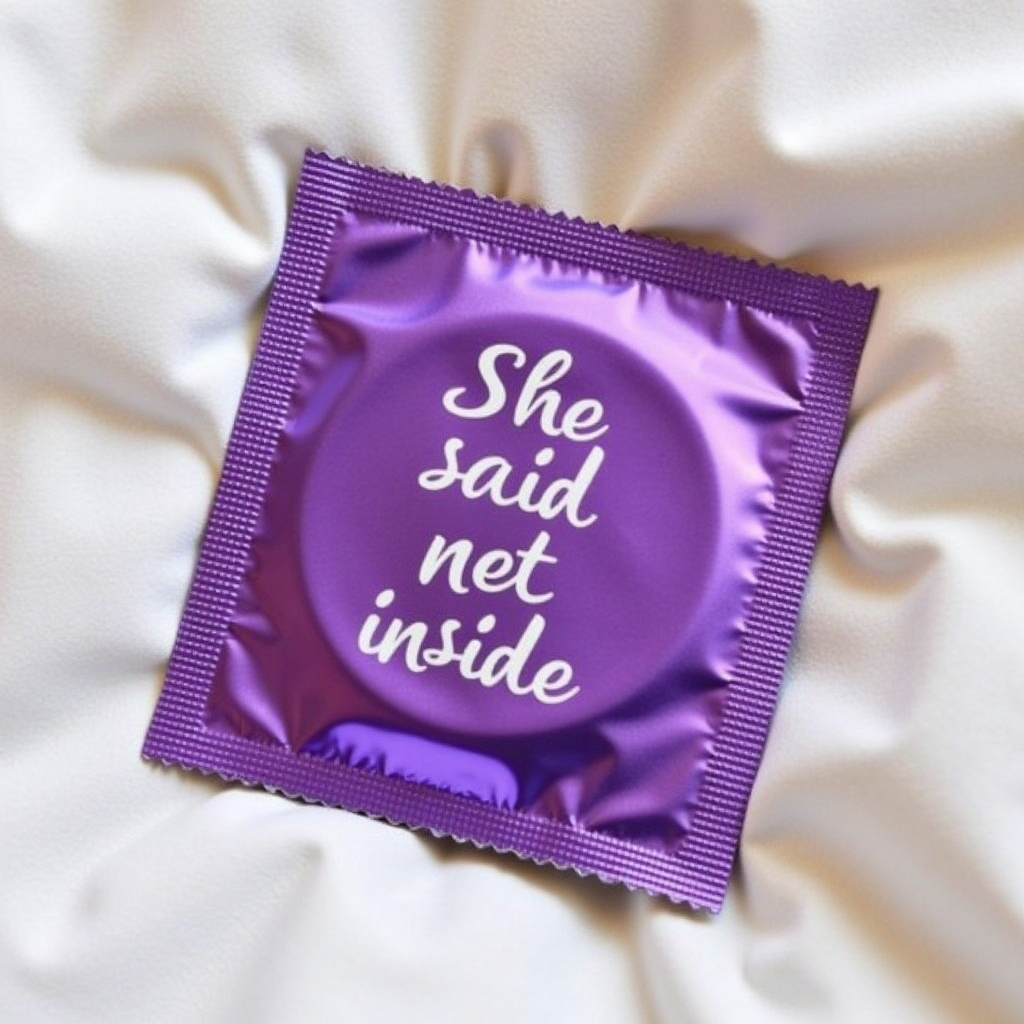 photo of a metallic purple condom wrapper laying on the bed with white text "She said not inside" written on the wrapper in a repeating pattern diagonally