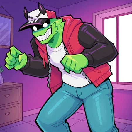 detailed background, outside, detailed, masterpiece, hires, absurd res, high quality, best quality, perfect face, male, 1boy, solo, madhousemike, green body, white eyes, cap, red hoodie, black sleeves, unzipped hoodie, white shirt, blue pants, dynamic pose
