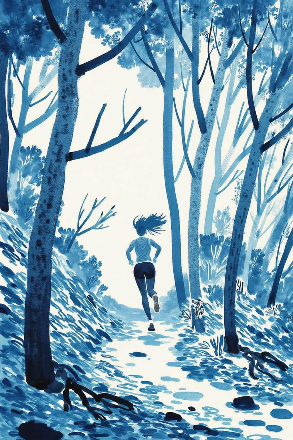 watercolor illustration.
A forest scene. The main subject is a woman running through a forest. She is positioned in the center of the image, captured from behind, with her back to the viewer. She has long hair flowing behind her as she runs. <lora:minink1_cap_d6a3e12:1.0><lora:825123055329206624:0>