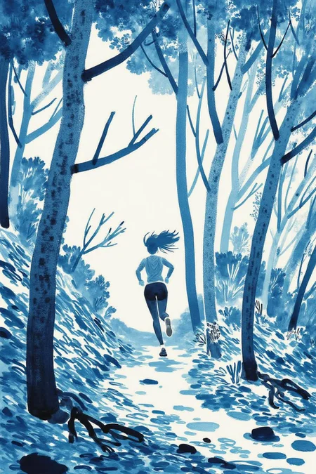 watercolor illustration.
A forest scene. The main subject is a woman running through a forest. She is positioned in the center of the image, captured from behind, with her back to the viewer. She has long hair flowing behind her as she runs. <lora:minink1_cap_d6a3e12:1.0><lora:825123055329206624:0>