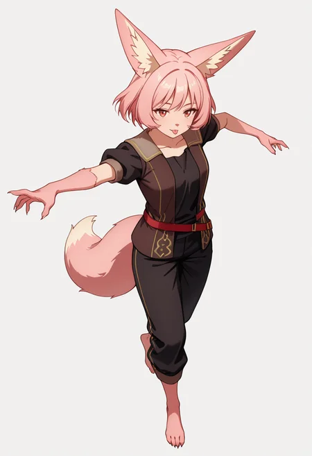 Smooth Quality,masterpiece,very intricate, high quality details, ultra realistic, high detailed skin,detailed enviorement,absurdres,
simple background, white background, dancing, solo,from above,
 <lora:Til_CNR:0.8> til_cnr, 1girl,pink hair, short hair, bangs, red eyes, animal ears, fox ears, animal ear fluff, fox tail, furry female, animal hands, claws, black shirt,open jacket,puffy short sleeves,black pants, belt,barefoot,, lonely,, :p,