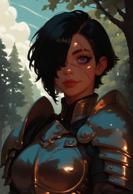 1girl, armor, scar, solo, scar on face, black hair, short hair, hair over one eye, looking at viewer, purple eyes, outdoors, upper body, breastplate, shoulder armor, tree, makeup, day, scar across eye, sky, , cloud, , shoulder plates, pauldrons, breasts, nature, eyelashes, scar on nose, scar on cheek, closed mouth, forest, blue sky, one eye covered
, <lora:Ri-MIX_A_Illustriousv2-000009:1> rimixa,, looking at viewer,, , score_9, score_8_up, score_8_up,