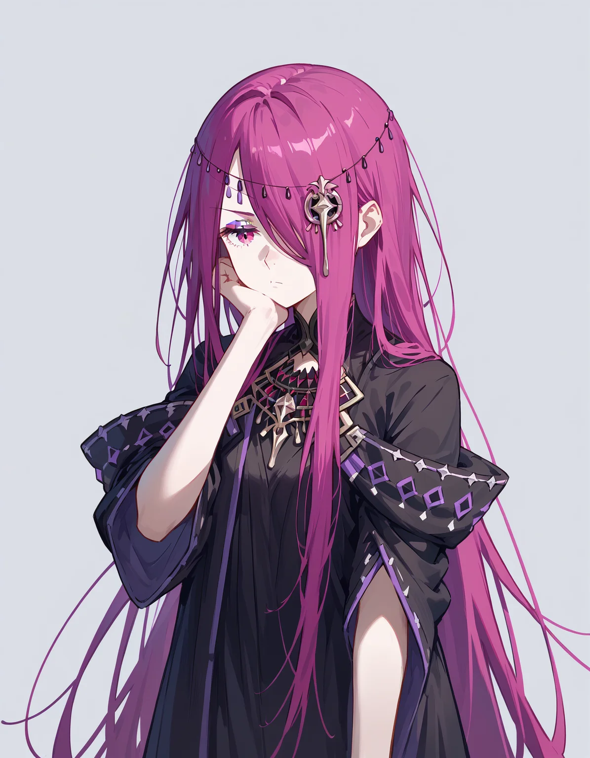 <lora:Sekhmet_ReZero_r1:0.7>, very long hair, sekhmet, magenta hair, magenta eyes, long robe, standing up straight, bored, simple background, upper body, face, score_9, score_8_up, score_7_up, score_6_up, score_5_up, score_4_up, source_anime