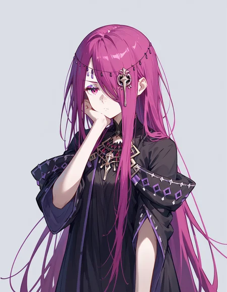 <lora:Sekhmet_ReZero_r1:0.7>, very long hair, sekhmet, magenta hair, magenta eyes, long robe, standing up straight, bored, simple background, upper body, face, score_9, score_8_up, score_7_up, score_6_up, score_5_up, score_4_up, source_anime