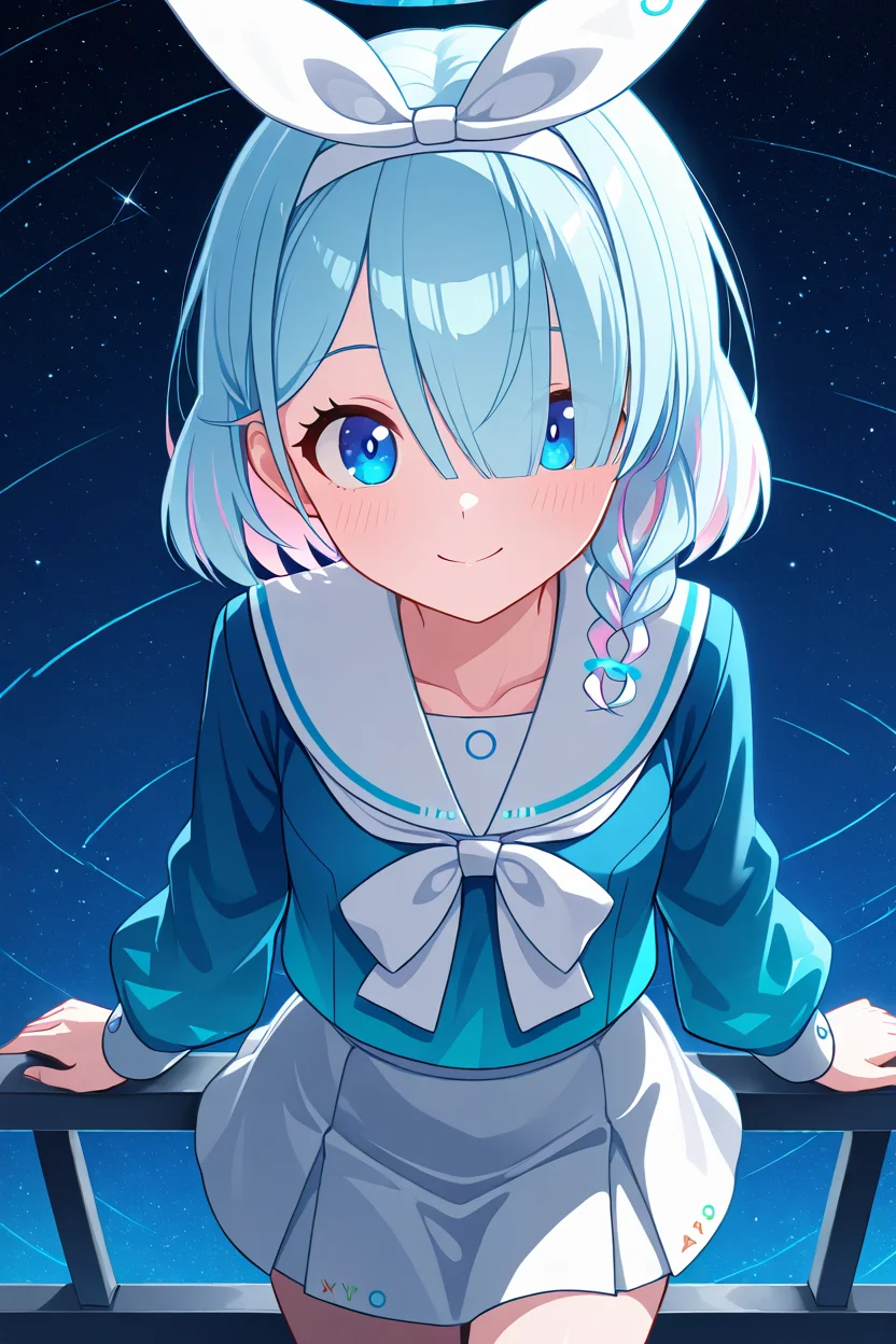 masterpiece, best quality, 1girl, solo, 21 year old model, eyelashes, (beautiful eyes), ,,, zzArona, blue eyes, blue hair, hair over one eye, bangs, blue halo, mechanical halo, long sleeves, ribbon, school uniform, serafuku, skirt, white skirt, <lora:AronaBlueArchiveIXL:1.0>, ,,, smile, looking at viewer, stars, night, luminescent background, <lora:princess_xl_v2:0.3>,