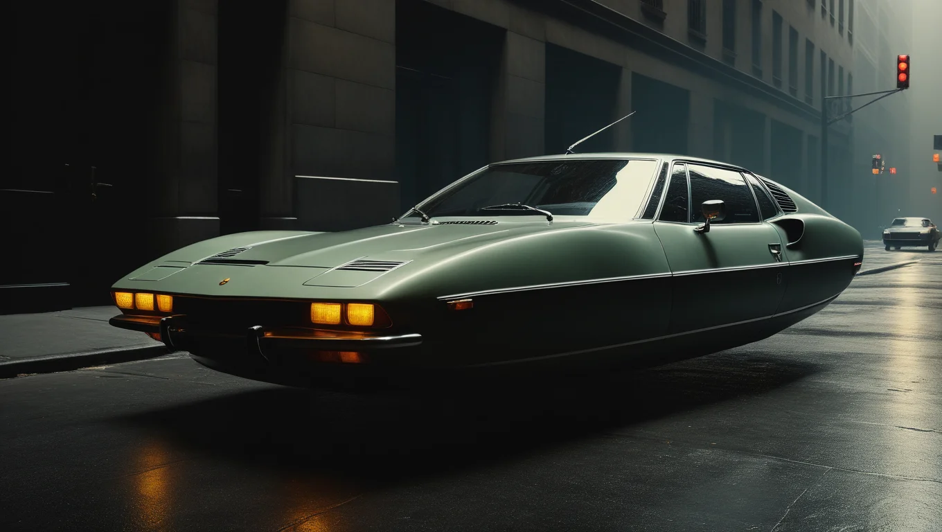 sport hovering car, <lora:Hovering_Car_SDXL_v1:1>Hovering_Car, 1973, city streets, no wheels, (1970s  automobile)  hyper realistic, 16k, cinematic lighting, wide shot, f/3.6, gotham city background, gloomy, haze, perfect composition, beautiful detailed intricate insanely detailed octane render trending on artstation, 8 k artistic photography, photorealistic concept art, soft natural volumetric cinematic perfect light, chiaroscuro, award - winning photograph, masterpiece, oil on canvas, raphael, caravaggio, greg rutkowski, beeple, beksinski, giger
