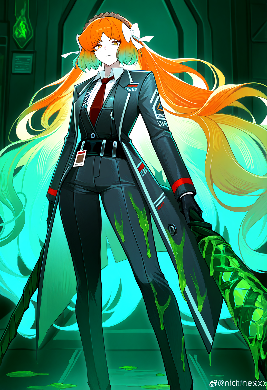 very awa, masterpiece, best quality, year 2024, newest, highres, absurdres, <lora:age_slider_v4:3> <lora:thicc_v1.4-pony:1.2>,detailed_background,indoors,weapon,limbus company,gradient hair,holding weapon,e.g.o \(project moon\),project moon,necktie,solo,armor,green hair,sloshing \(e.g.o\),ishmael \(project moon\),1girl,full body,aqua hair,looking at viewer,nichilemaxxxx,holding,hair bow,bow,orange hair,slime \(substance\),multicolored hair,weibo watermark