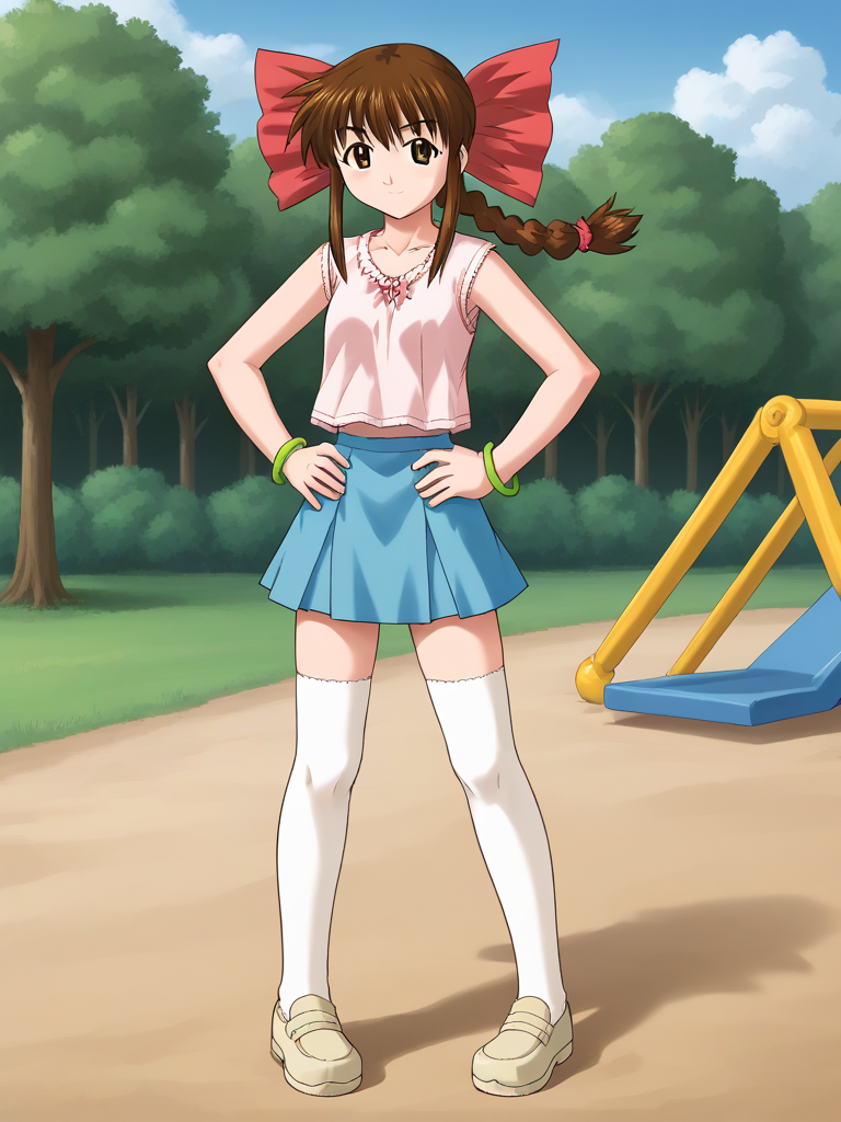 1girl, solo, tamaovgrebirth, brown hair, braided ponytail, sidelocks, pink bow, hair bow, brown eyes, shirt, sleeveless, green bracelet, blue skirt, white thighhighs, beige shoes, outdoors, playground, serious, smile, standing, hands on hips, full body,