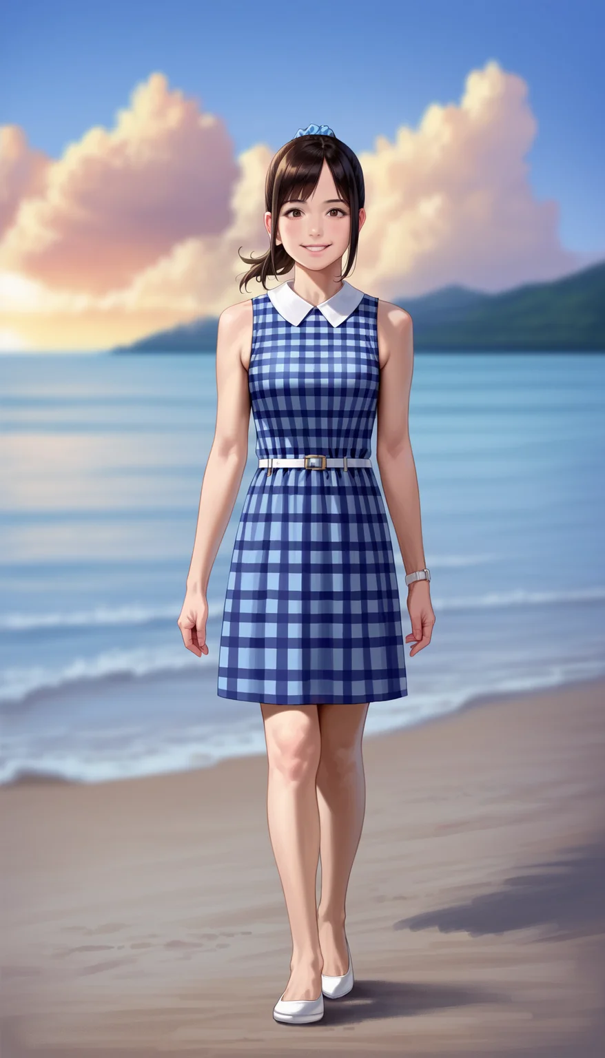 score_9,score_8_up,score_7_up,
<lora:miiyamotohikari:0.8>,miiyamotohikari,
photorealistic,realistic,
1girl,solo,black hair,bangs,blue scrunchie,
brown eyes,looking at viewer,smile,
sleeveless blue plaid dress,knee length dress,white collar,white wristwatch,white belt,white flat shoes,
full body,walking,
blurry background,simple background,outdoors,blue sky,cloud,ocean,