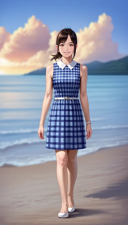 score_9,score_8_up,score_7_up,
<lora:miiyamotohikari:0.8>,miiyamotohikari,
photorealistic,realistic,
1girl,solo,black hair,bangs,blue scrunchie,
brown eyes,looking at viewer,smile,
sleeveless blue plaid dress,knee length dress,white collar,white wristwatch,white belt,white flat shoes,
full body,walking,
blurry background,simple background,outdoors,blue sky,cloud,ocean,