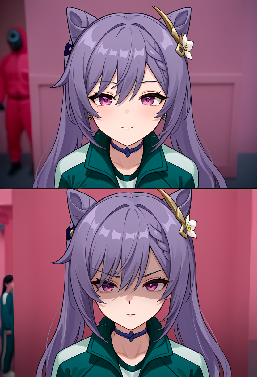 (masterpiece, high quality, amazing detail), highres, before and after, squid game, keqing \(genshin impact\), partially shaded face, green jacket, <lora:Before_and_Afer_Joining_Squid_Game:1>