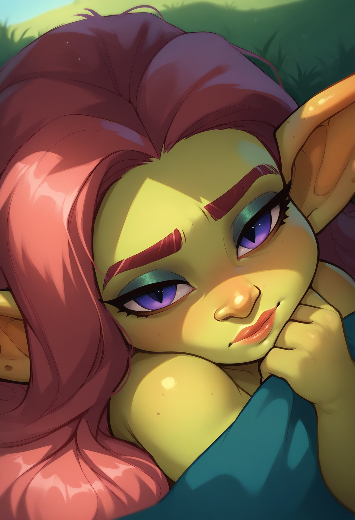 score_9, score_8_up, score_7_up, rating_explicit, <lora:Smooth Anime Style LoRA XL:1>,
solo, (female goblin:1.3), cute, (short:1.2), small, (shortstack:1.3), close up, pleased, looking at viewer, outdoors, head tilt, resting face on hand, long hair