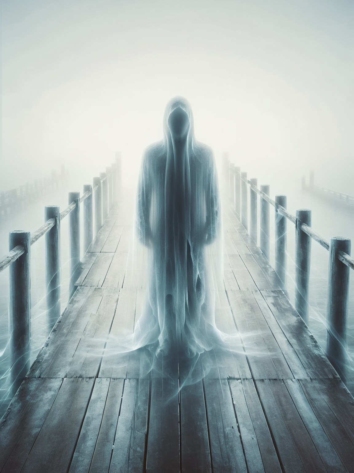 ais-ghostly cloaked figure standing at the end of a misty pier, staring into the ocean <lora:Ghostly_Style_SDXL:1>