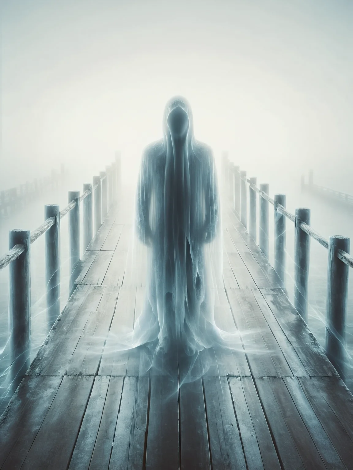 ais-ghostly cloaked figure standing at the end of a misty pier, staring into the ocean <lora:Ghostly_Style_SDXL:1>