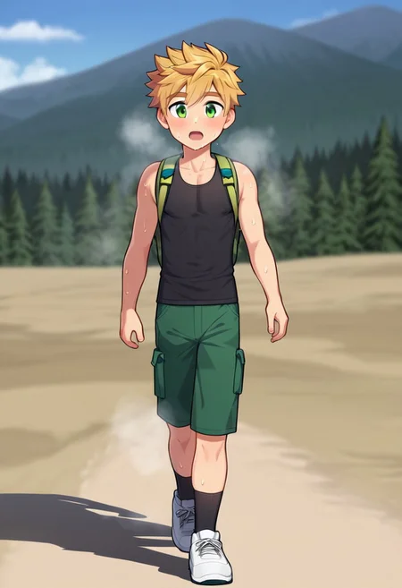 kenji, blonde hair, bangs. green eyes, spike hair, short hair, boy, solo, young, sweating, wearing black hiking backpack, walking, hiking in mountain, sunny day, clear sky, wear white shoes, wear short black socks, sweating profusely, green half pants, tight black singlet, sleeveless,