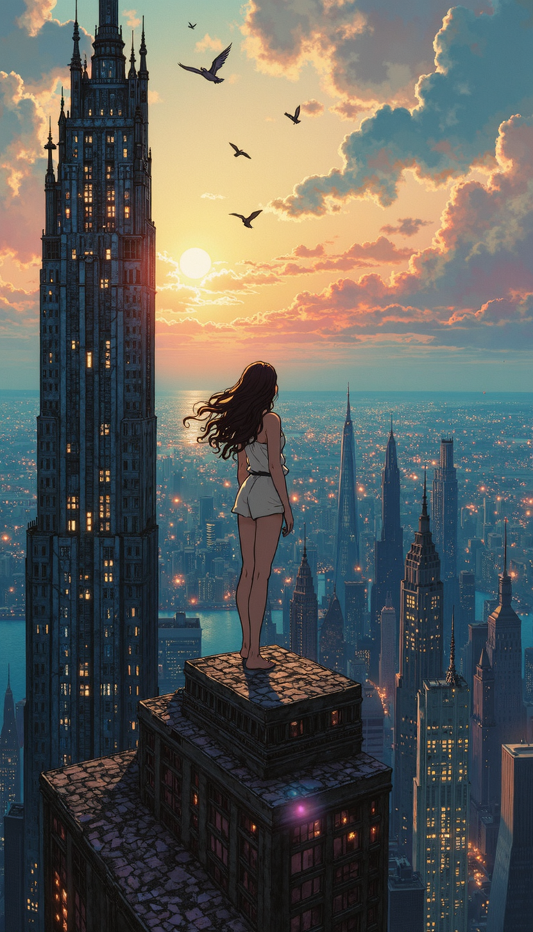 ghiblistyle,Anime style, A young woman stands on the precipice of a dilapidated high-rise building, her back to the viewer, gazing at a sprawling metropolis bathed in the ethereal glow of a diurnal sun. The camera angle is a vertiginous high-angle shot, emphasizing the dizzying height and the vastness of the city below. The image should evoke a sense of awe, solitude, and the liminal space between destruction and renewal. Render the city with hyperrealistic detail, juxtaposing the crumbling building with the vibrant, bustling city below. The color palette should be rich and saturated, with the warmth of the sun contrasting against the cool blues of the sky and water. Pay particular attention to the play of light and shadow, highlighting the textures of the decaying building and the bustling city. Include numerous birds soaring through the sky, symbolizing hope and freedom.  The woman's hair should be slightly windblown, and her posture should convey a sense of contemplative introspection.