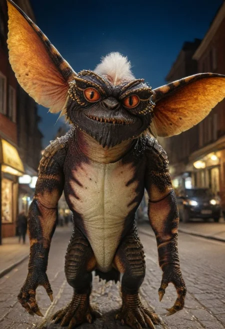 Xgremlinx, Xvillanx , amazing quality, masterpiece, best quality, hyper detailed, ultra detailed, UHD, perfect anatomy, portrait, hyper-realism, majestic, awesome, inspiring, - portrait in night city street , cinematic composition, soft shadows, national geographic style,