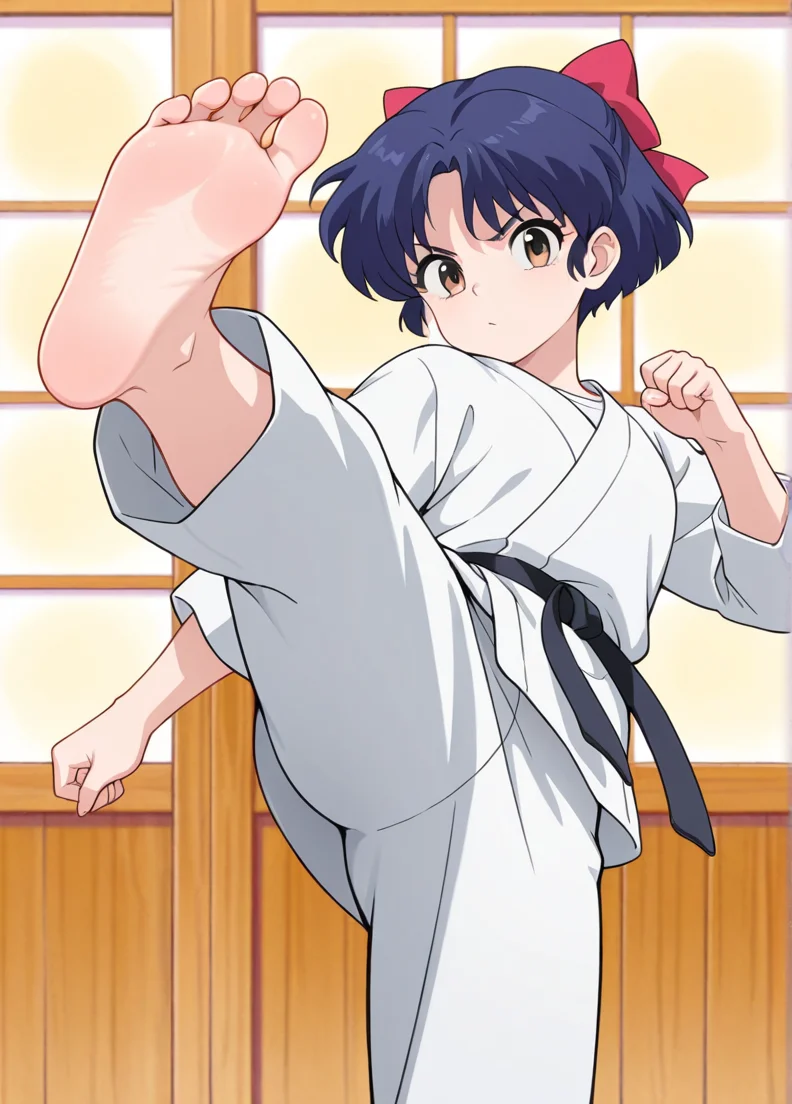 masterpiece, best quality, amazing quality, very aesthetic, absurdres, newest, detailed background, 4k, 8k, indoors,
akanexd, 1girl, kicking, solo, short hair, brown eyes, dougi, hair bow, barefoot, high kick, blue hair, looking at viewer, feet, soles, fighting stance,
<lora:Akane_Tendo_-_Ranma_12_Remake_Illustrious:1>