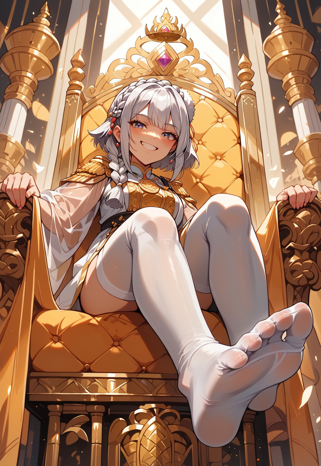 score_9, score_9_up,1girl,sitting on a throne,legs crossed,portrait,smug smile,throneroom,look at viewer,silver hair,crown braid hair,close up,transparent robes,white stockings,from below, feet, anime, anime style