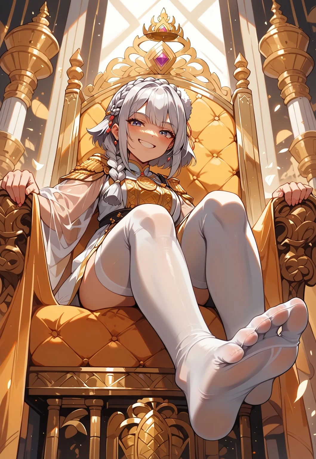 score_9, score_9_up,1girl,sitting on a throne,legs crossed,portrait,smug smile,throneroom,look at viewer,silver hair,crown braid hair,close up,transparent robes,white stockings,from below, feet, anime, anime style
