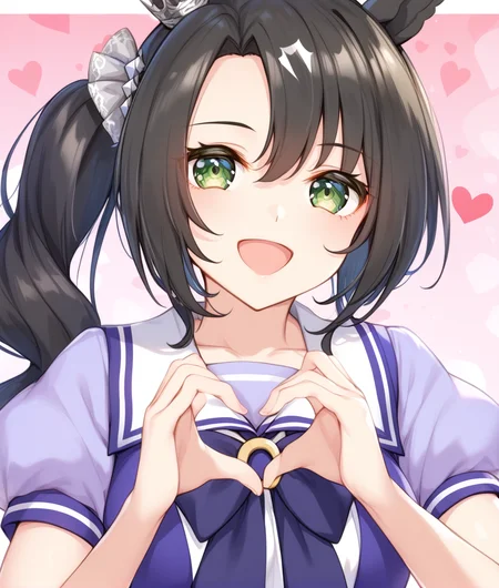 score_9, score_8_up, score_7_up BREAK
tracen_uniform, 1girl, solo, looking at viewer, open mouth, bangs, skirt, shirt, bow, school uniform, upper body, short sleeves, heart, pleated skirt, puffy sleeves, bowtie, sailor collar, :o, side ponytail, puffy short sleeves, white skirt, horse ears, horse girl, purple bow, purple shirt, sailor shirt, heart hands, tracen school uniform, purple bowtie, horseshoe ornament
five fingers, <lora:satono_crown-ponyXL-000004:1>,