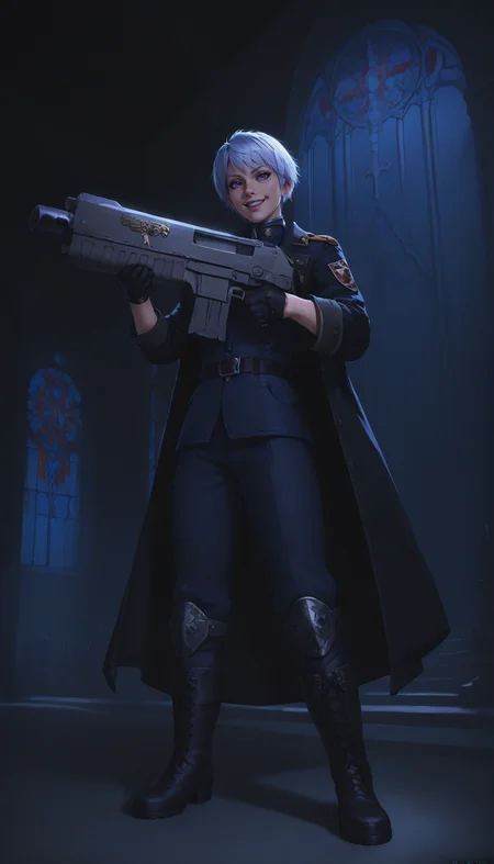 score_9, score_8_up, score_7_up,  (masterpiece:1.2), (best quality), (detailed), , 1girl, gloves, boots, short hair, uniform, knee boots, purple eyes, white hair, belt, smile, in a factory, Gothic, cathedral, grimdark, military uniform, military, coat, bolter, bltgun, holding gun, ( (a bltgun bolter weapon) in her hands), (aiming at viewer), simple background, zPDXL <lora:Smooth Night Style SDXL_LoRA_Pony Diffusion V6 XL:0.8> dark theme, low light, <lora:Bolter_-_Warhammer_40000_Pony_SDXL:1>