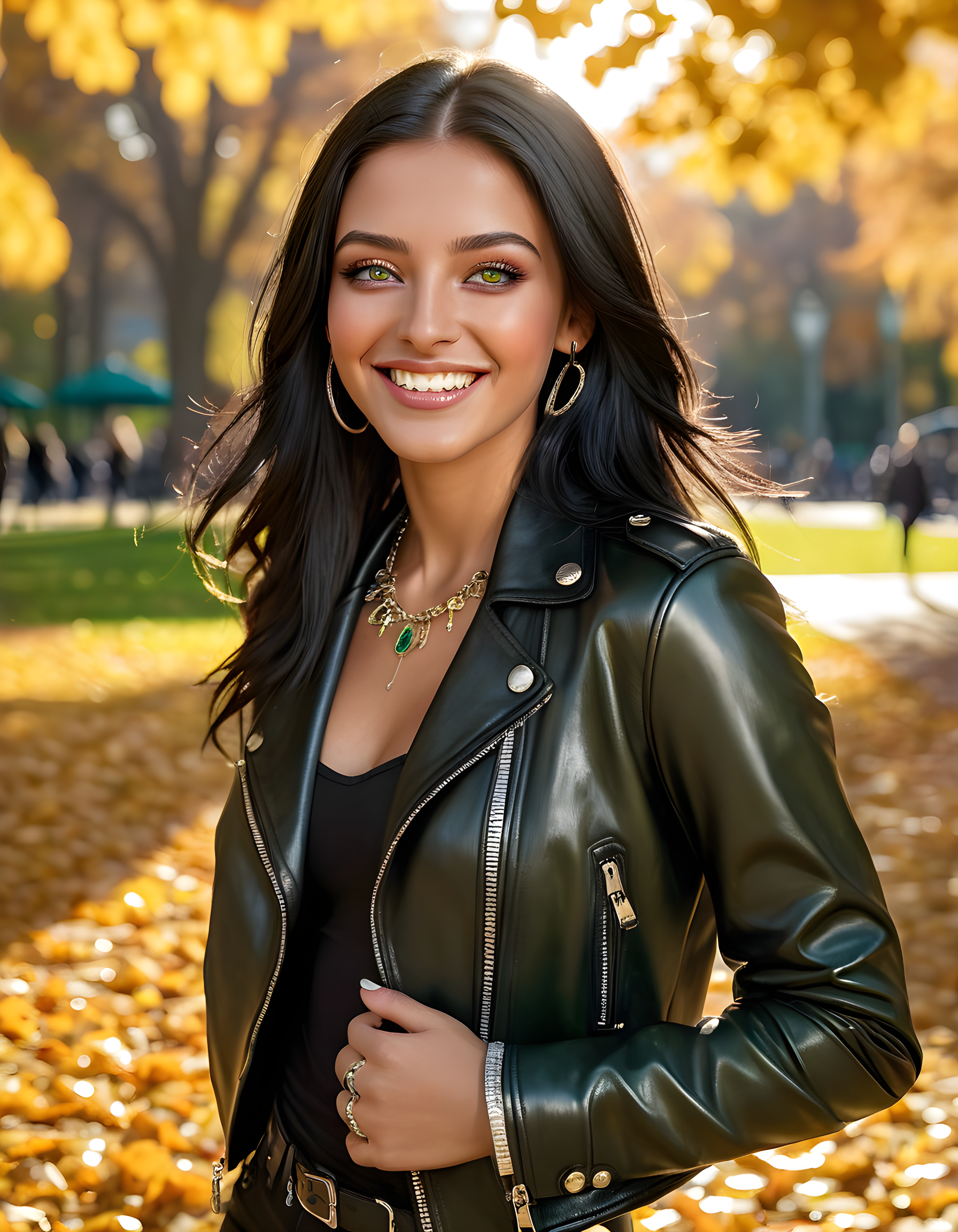 N4NCYJMM, In a bustling city park bathed in golden afternoon sunlight, a captivating woman with long, raven-black hair and piercing green eyes wears a sleek black leather jacket adorned with intricate silver jewelry. Her teeth flash slightly as she maintains a closed-mouth smile, her eyes reflecting an air of quiet confidence. The camera focuses in for a close-up, capturing the subtle play of light on her flawless skin and highlighting the sparkle in her eyes, while the lush greenery and vibrant autumn leaves of the park serve as a vivid backdrop to this enigmatic portrait.