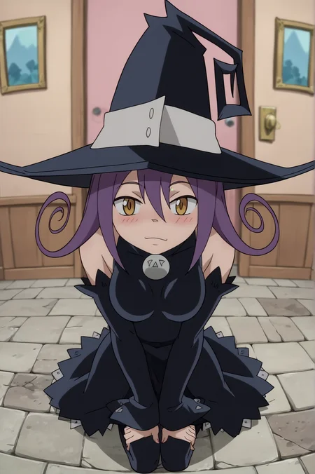 score_9, score_8_up, score_7_up,anime_source, source_anime, best background, detailed background, anime screencap, Blair, Witch Outfit, full body, sending kiss, blush, indoors, dynamic angle, dynamic camera, solo, <lora:JN_Blair_Soul_Eater:0.8>